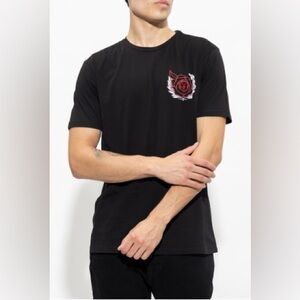 All Saints Black Tee with Red and White Rose Graphic